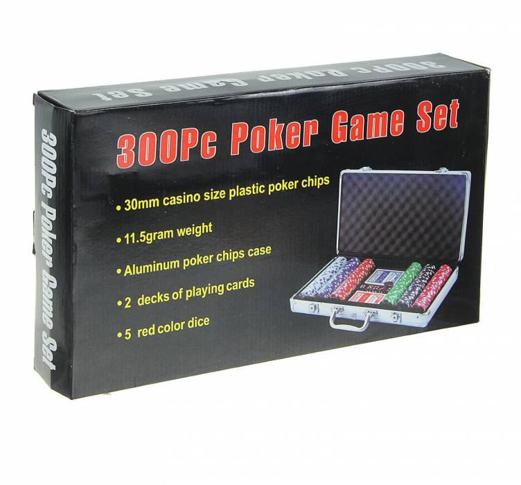 Покер в металлическом кейсе (2 колоды карт, 300 фишек с/номин, 5 кубиков), 21х39,5 см